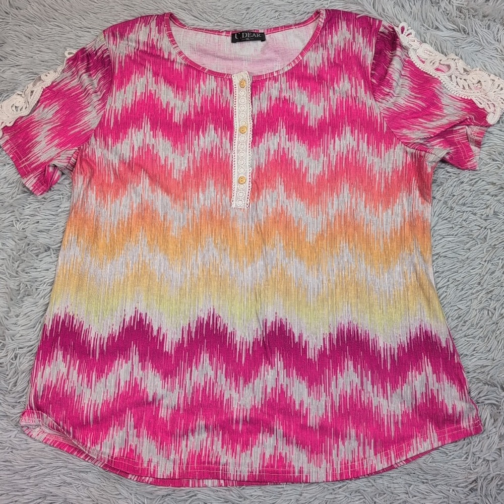U Dear Shirt Womens 1XL Multicolor Top Lace Preppy Casual Comfort Stretch‎